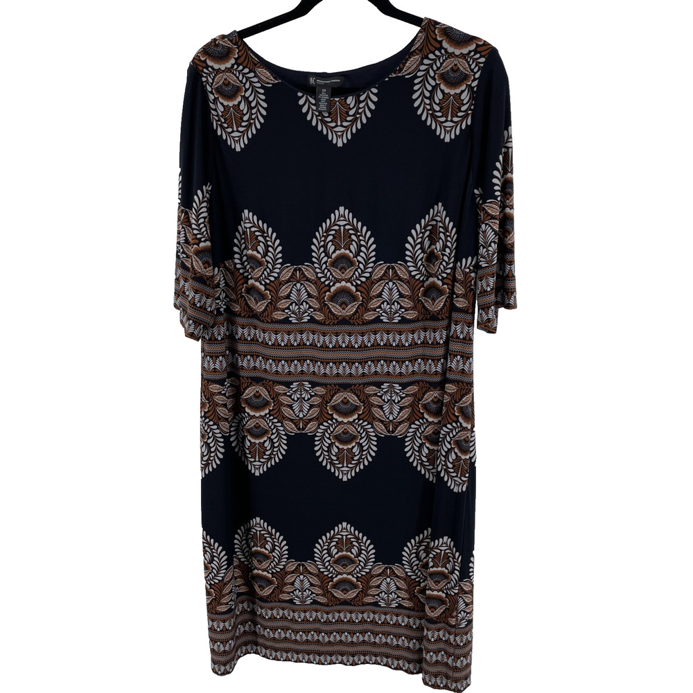 INC Black Cream Brown Floral Boho Stretchy Midi Office Dress Women Size 2X